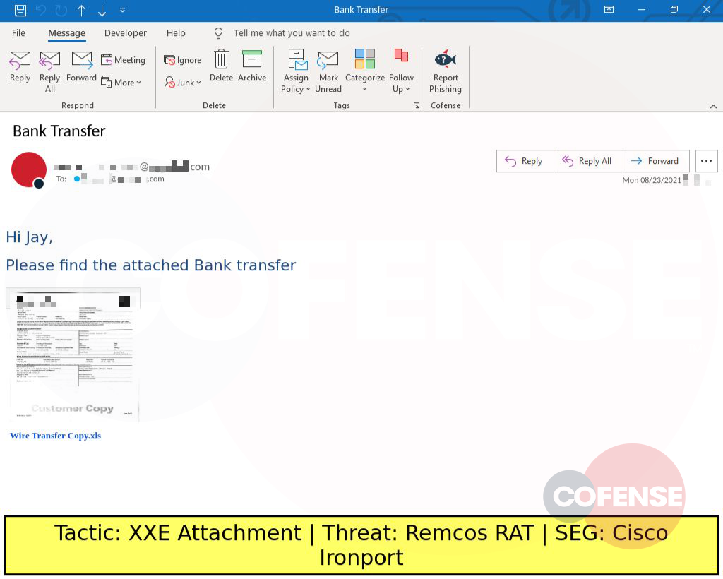 Real Phishing Example: Finance-themed emails found in environments protected by Cisco Ironport deliver Remcos RAT via an embedded URL that downloaded an XLL which downloaded a Delphi Loader that led to Remcos.