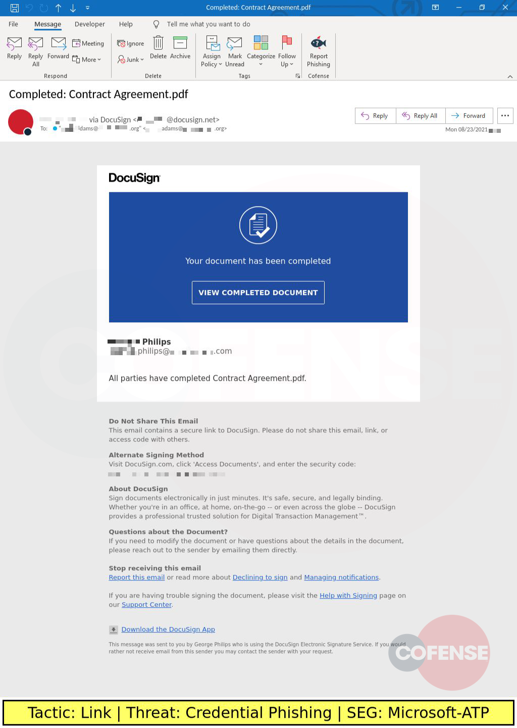 Real Phishing Example: Docusign-spoofed emails found in environments protected by Microsoft-ATP deliver Credential Phishing via an embedded link.