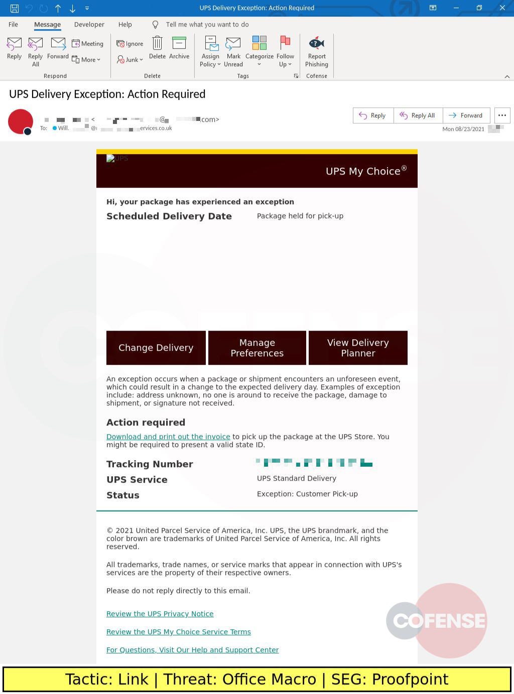 Real Phishing Example: UPS-spoofing emails found in environments protected by Proofpoint to deliver Office macro laden document via an embedded URL.