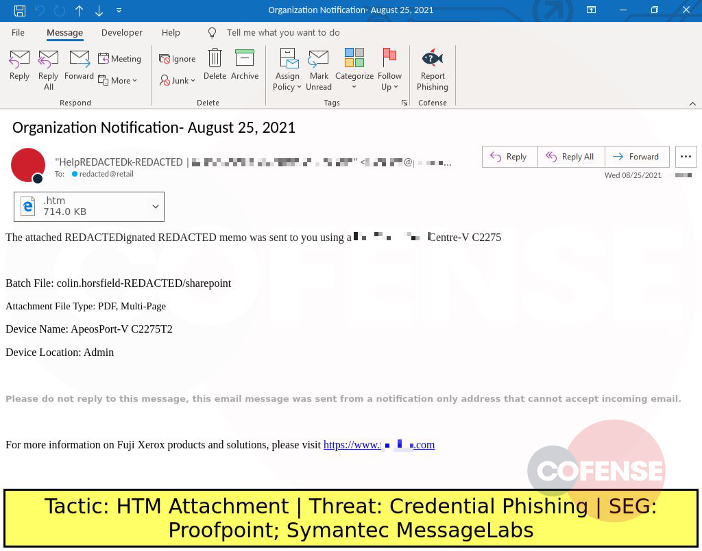 Real Phishing Example: Notification-themed emails found in environments protected by Proofpoint and Symantec MessageLabs deliver Credential Phishing via an attached HTM file.