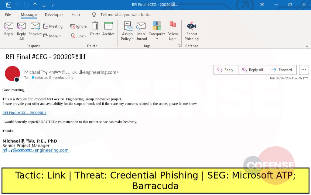 Real Phishing Example: Notification-themed emails found in environments protected by Microsoft ATP and Barracuda deliver Credential Phishing via an embedded link.