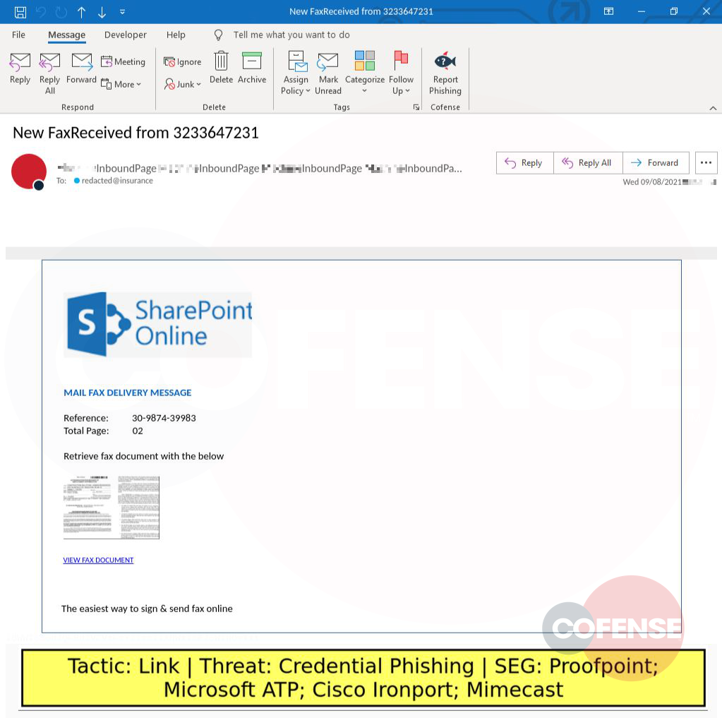 Real Phishing Example: Fax-themed emails found in environments protected by Proofpoint, Microsoft ATP, Cisco Ironport, and Mimecast deliver Credential Phishing via an embedded link.