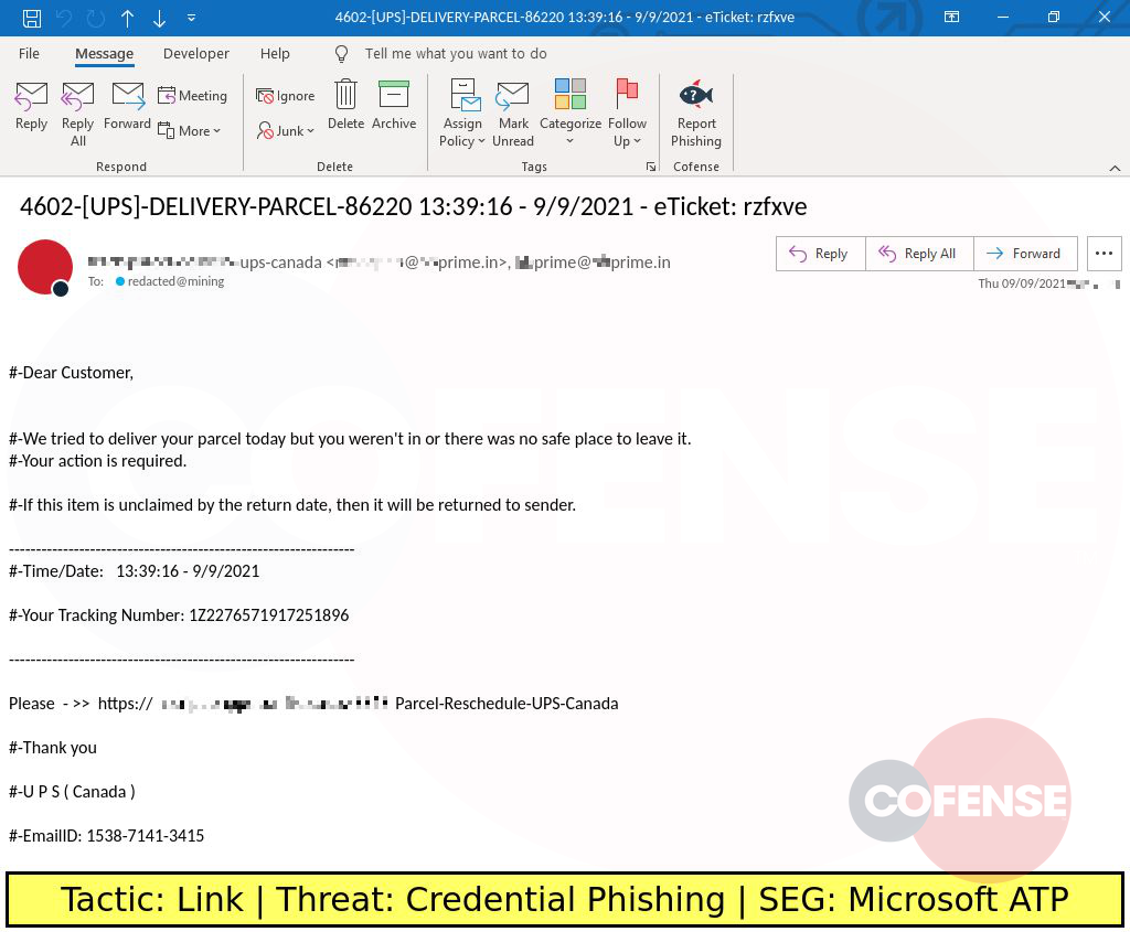 Real Phishing Example: UPS-spoofing emails found in environments protected by Microsoft ATP deliver Credential Phishing via an embedded link.