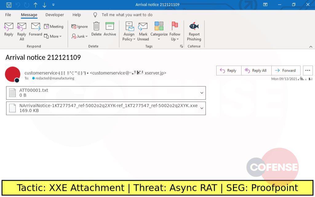 Real Phishing Example: Notification-themed emails found in environments protected by Proofpoint deliver Async RAT via an attached XXE which was a sample of GuLoader.