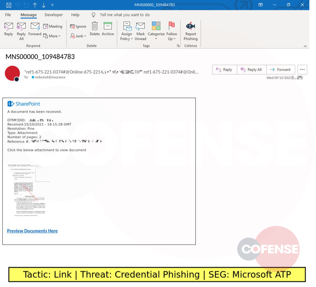 Real Phishing Example: SharePoint-spoofing emails found in environments protected by Microsoft ATP deliver Credential Phishing via an embedded link.