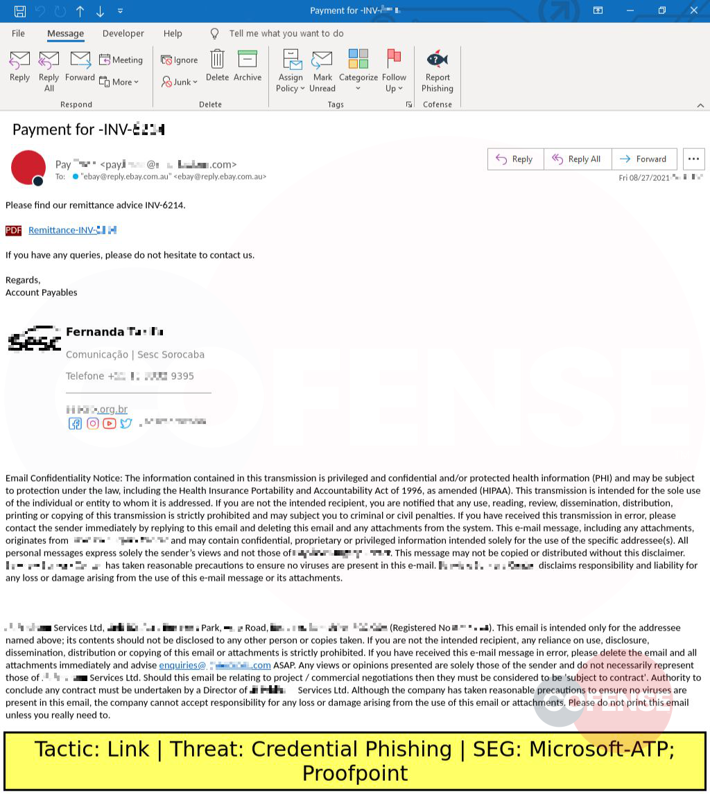 Real Phishing Example: Finance-themed emails found in environments protected by Microsoft-ATP and Proofpoint deliver Credential Phishing via an embedded link.