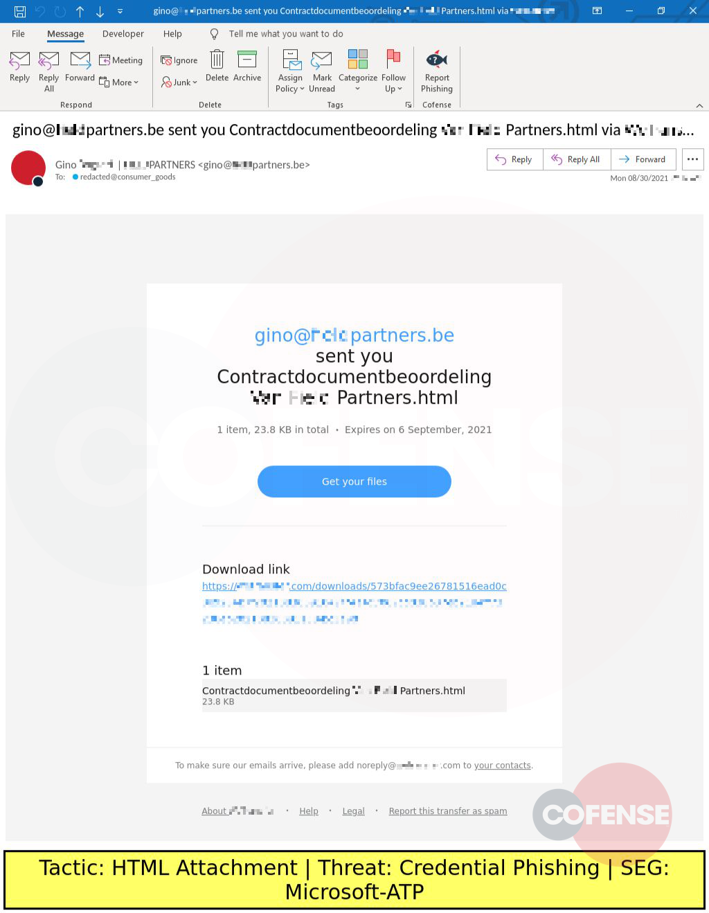 Real Phishing Example: WeTransfer-spoofed emails found in environments protected by Microsoft-ATP deliver Credential Phishing via an attached HTML file.