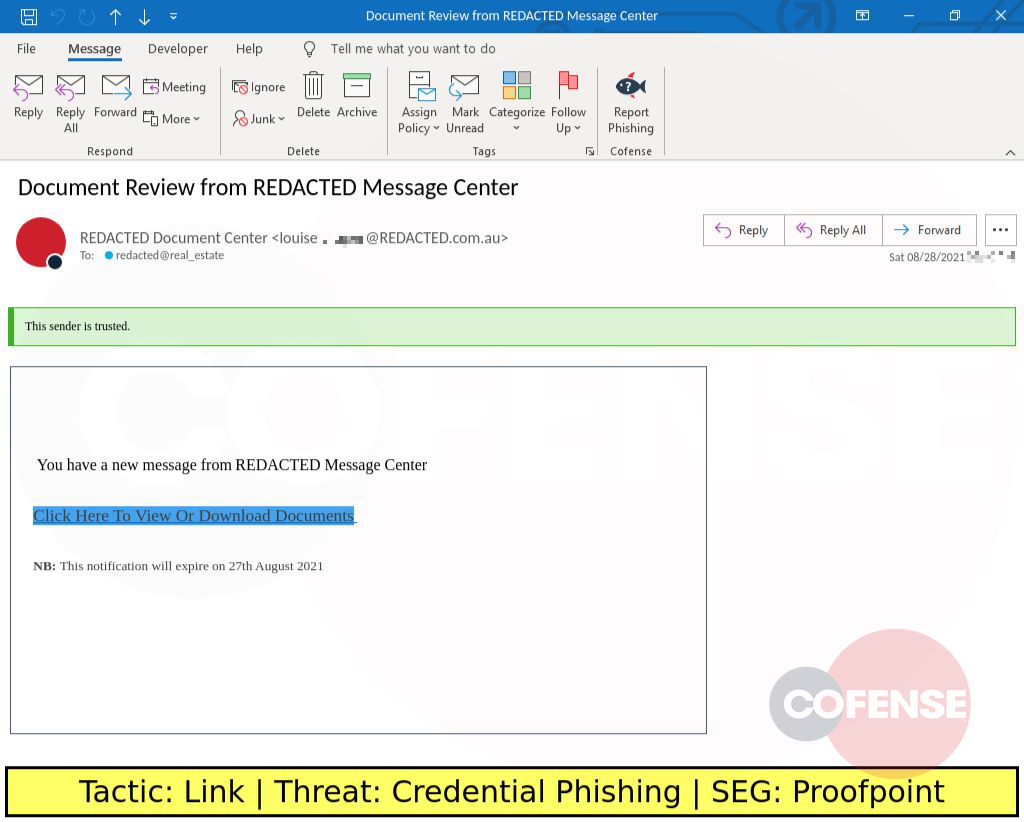 Real Phishing Example: Finance-themed emails found in environments protected by Proofpoint deliver Credential Phishing via an embedded link.