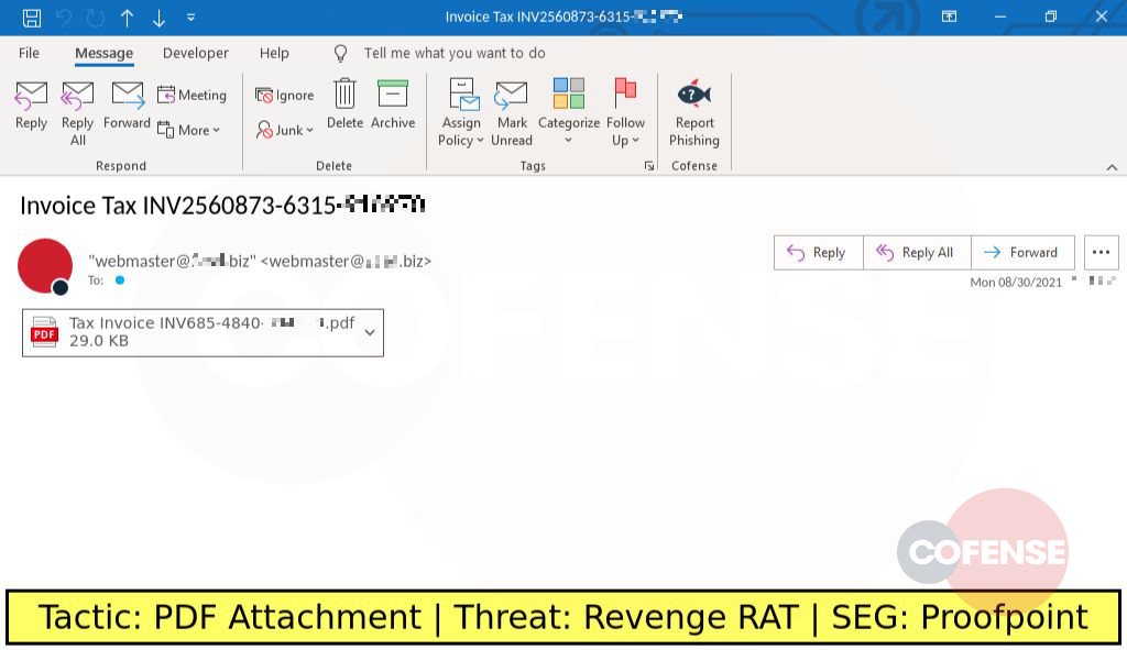 Real Phishing Example: Finance-themed emails found in environments protected by Proofpoint deliver an attached PDF file. The PDF contains a link to download a JS Dropper file. The JS Dropper file drops and runs a VBS script. The VBS script downloads a series of PowerShell Scripts which in turn download Modern Loader. Modern Loader downloads Revenge RAT.