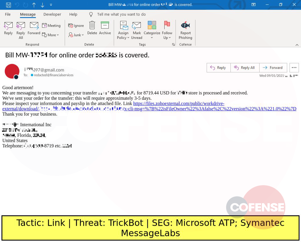 Real Phishing Example: AmeriJet-spoofing emails found in environments protected by Microsoft ATP and Symantec MessageLabs deliver a CHM downloader via an embedded URL. The CHM file downloads a VBS script which drops a malicious batch script. The batch script downloads TrickBot.