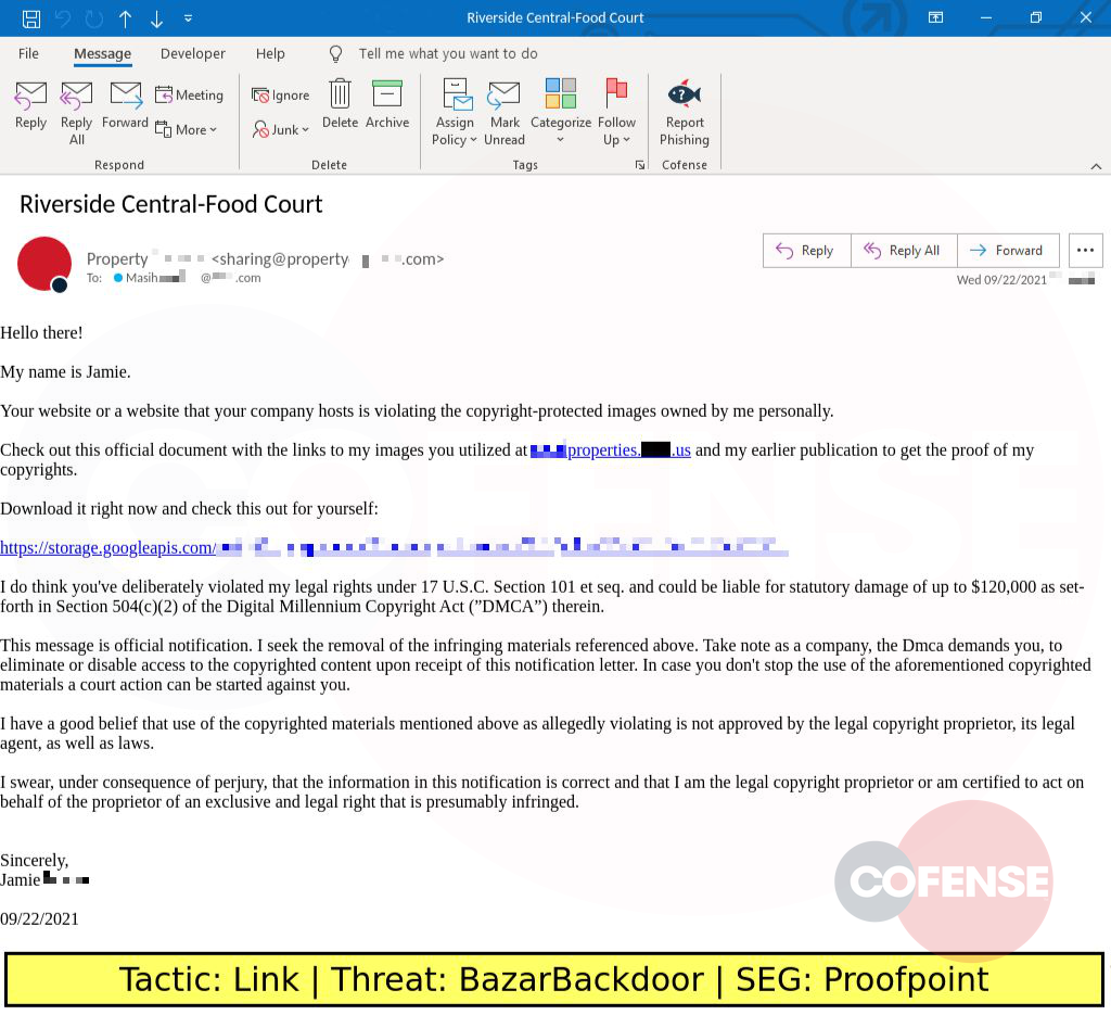 Real Phishing Example: Property Capsule-spoofing emails found in environments protected by Proofpoint deliver BazarBackdoor via a JavaScript Dropper which is downloaded from an embedded URL.
