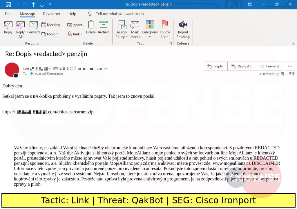 Real Phishing Example: Response-themed emails found in environments protected by Cisco Ironport deliver SquirrelWaffle and QakBot via Office macro laden spreadsheets. The spreadsheets are downloaded via embedded URLs.
