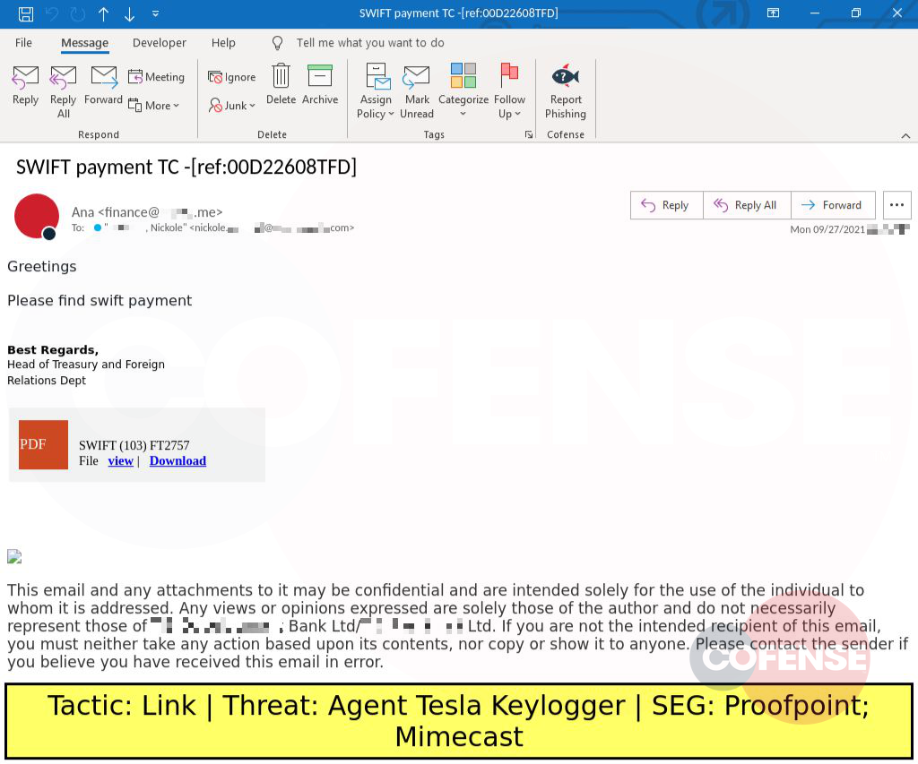 Real Phishing Example: Finance-themed emails found in environments protected by Proofpoint and Mimecast delivers Agent Tesla keylogger via an embedded link.