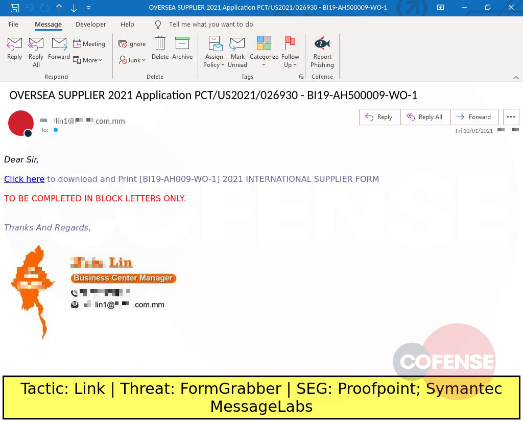 Real Phishing Example: Notification-themed emails found in environments protected by Proofpoint and Symantec MessageLabs delivers FormGrabber via a CVE-2017-11882 downloaded from an embedded link.