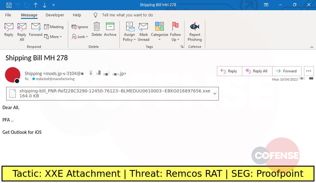 Real Phishing Example: Shipping-themed emails found in environments protected by Proofpoint deliver Remcos RAT via GuLoader which was enclosed in an attached XXE archive. Remcos RAT is run in memory.