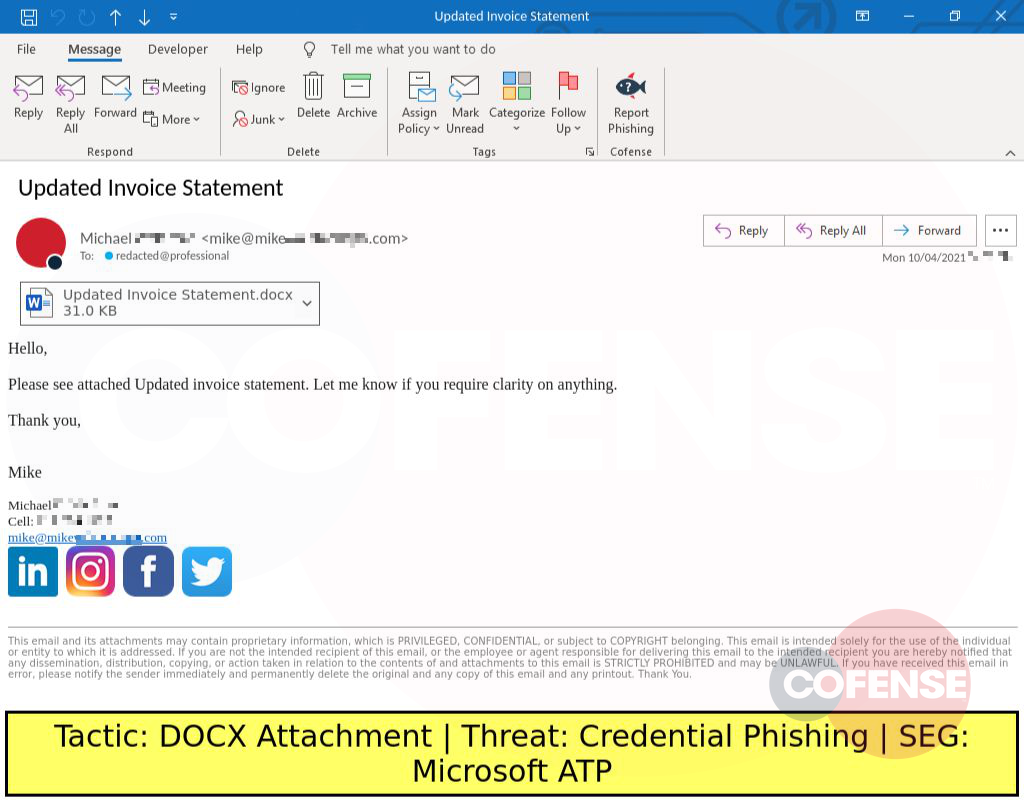 Real Phishing Example: Finance-themed emails found in environments protected by Microsoft ATP deliver Office documents with embedded links to credential phishing pages.