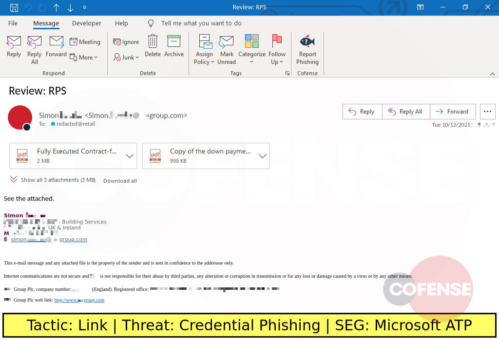 Real Phishing Example: Information-themed emails found in environments protected by Microsoft ATP deliver credential phishing via an embedded URL.
