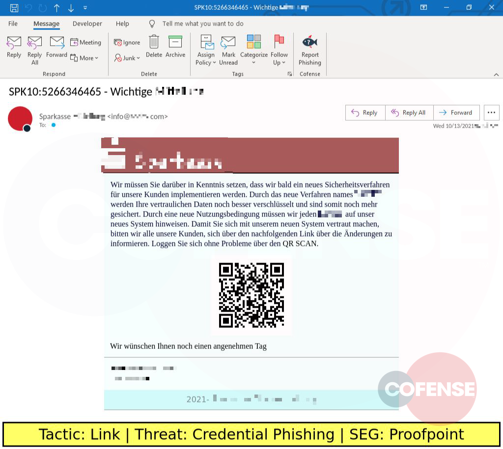 Real Phishing Example: Sparkasse-spoofing emails found in environments protected by Proofpoint deliver credential phishing via a URL from an embedded QR code image.