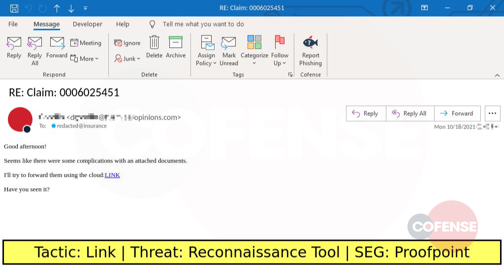 Real Phishing Example: Finance-themed emails found in environments protected by Proofpoint deliver a PowerShell Script and accompanying files via an embedded URL. The PowerShell script downloads a reconnaissance tool which is run in memory.