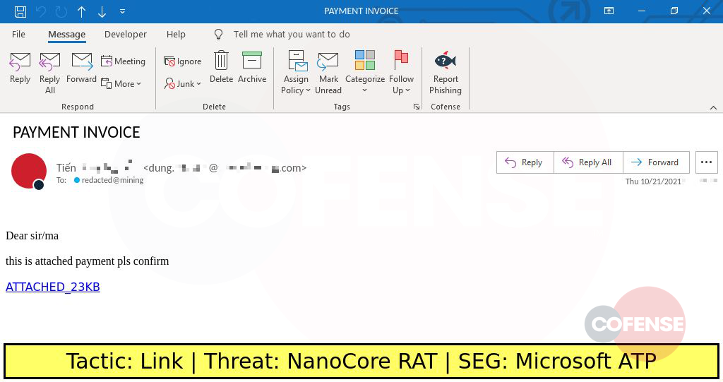 Real Phishing Example: Finance-themed emails found in environments protected by Microsoft ATP deliver NanoCore RAT via an embedded URL.