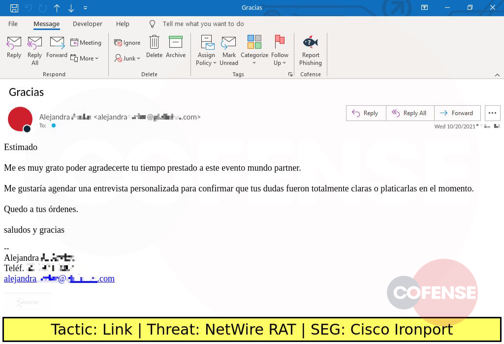 Real Phishing Example: Payment-themed emails found in environments protected by Cisco Ironport deliver an Office macro laden document via an embedded link. The macro drops a VBS script which victims are encouraged to run. The VBS script drops components for a malware downloader which then downloads and runs NetWire RAT in memory.