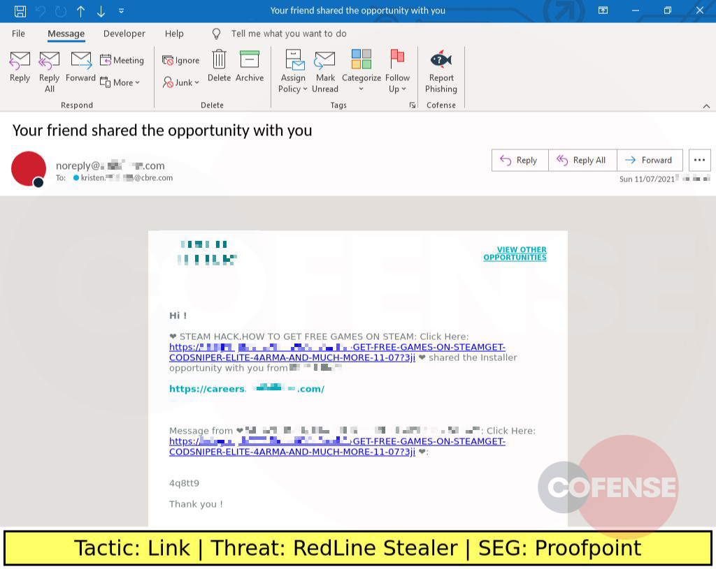 Real Phishing Example: Notification-themed emails found in environments protected by Proofpoint deliver RedLine Stealer via an embedded link.