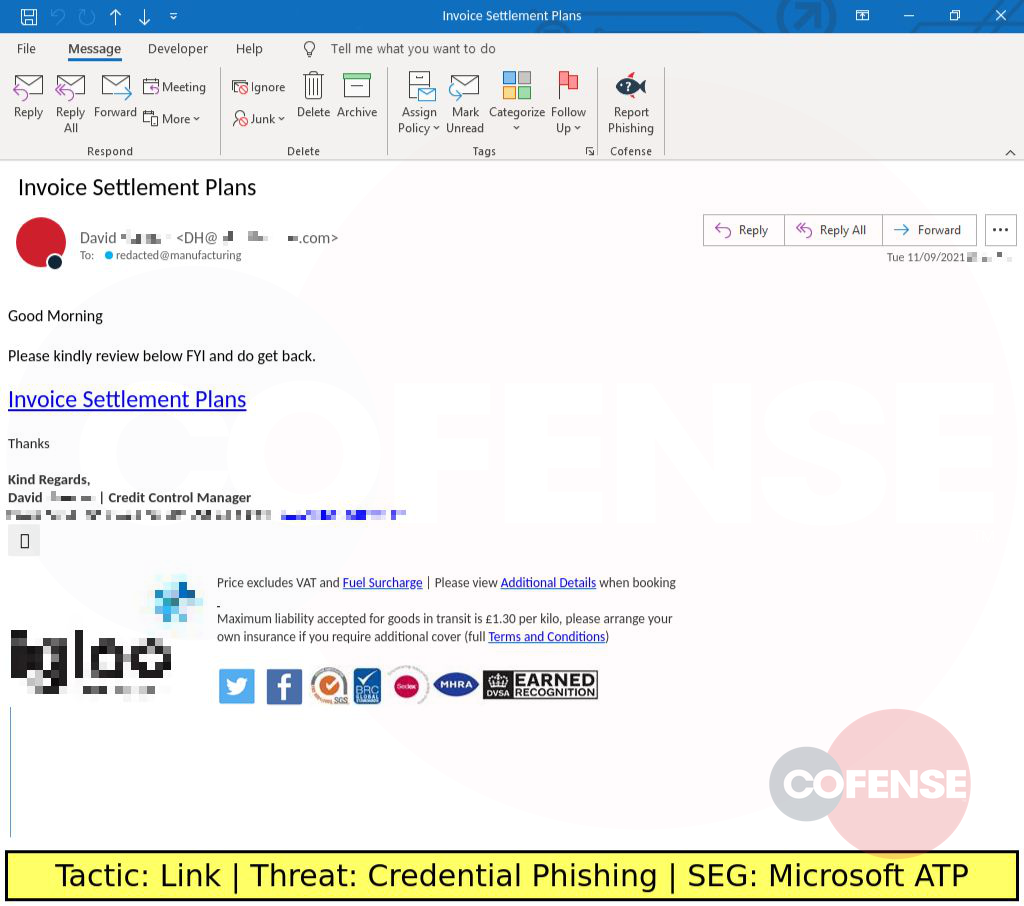 Real Phishing Example: Finance-themed emails found in environments protected by Microsoft ATP deliver credential phishing via an embedded URL.