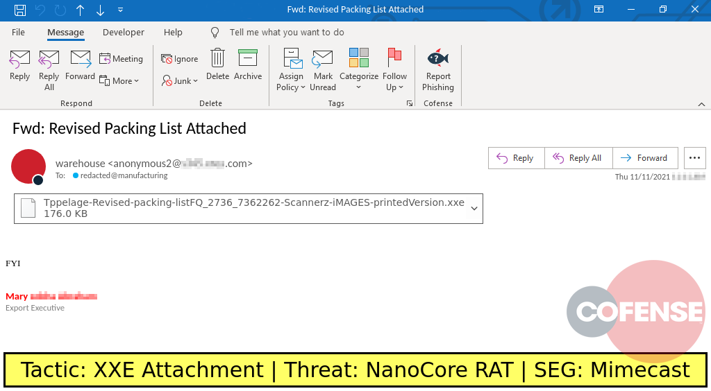 Real Phishing Example: Shipping-themed emails found in environments protected by Mimecast deliver a VBS in a .xxe archive. The VBS drops and runs GuLoader which downloads and runs NanoCore RAT in memory.