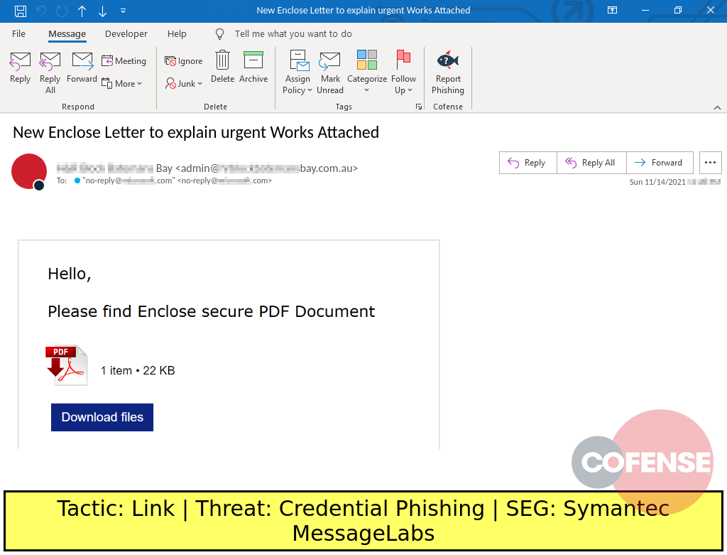 Real Phishing Example: Notification-themed emails found in environments protected by Symantec MessageLabs deliver Credential Phishing embedded in an HTML file. The HTML file is downloaded via an embedded link.