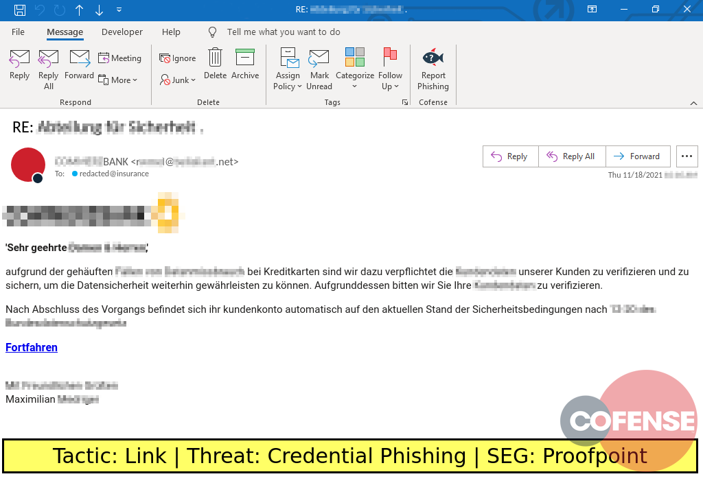 Real Phishing Example: Commerz Bank-spoofing emails found in environments protected by Proofpoint deliver credential phishing via an embedded URL.