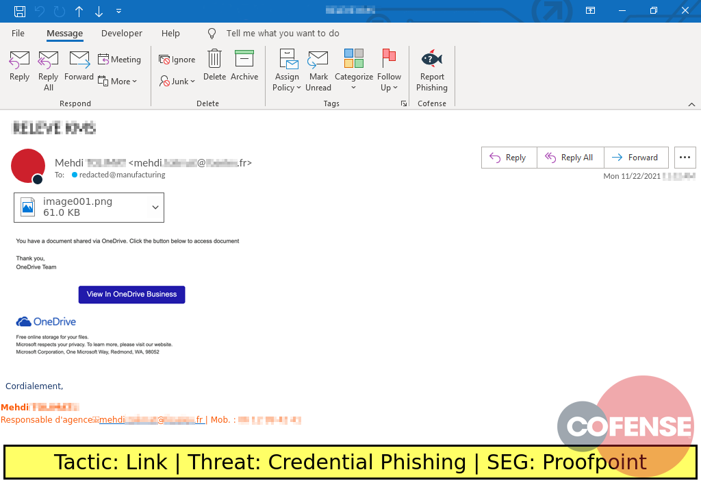 Real Phishing Example: Microsoft-spoofing emails found in environments protected by Proofpoint deliver credential phishing.