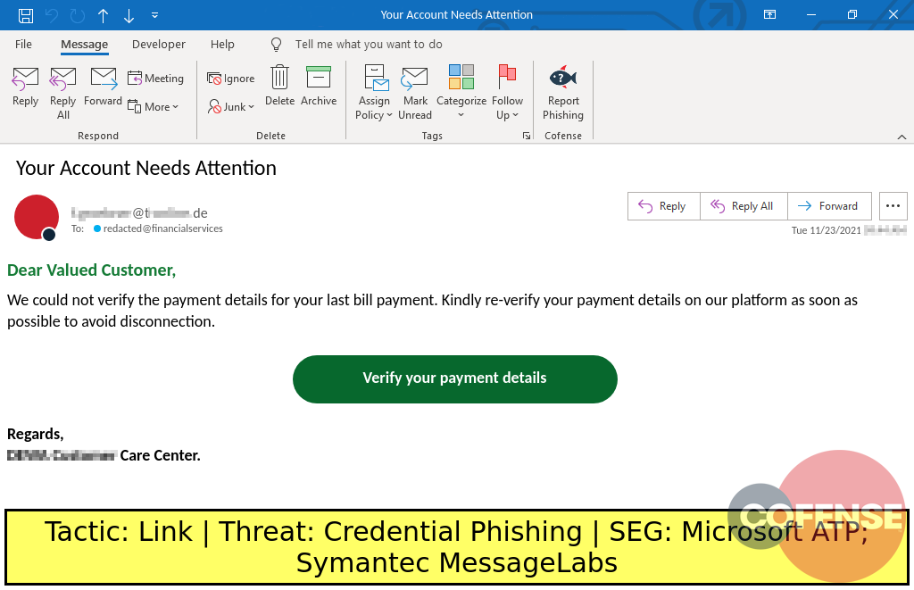 Real Phishing Example: Dubai Electricity and Water Authority-spoofing emails found in environments protected by Microsoft ATP and Symantec MessageLabs deliver credential phishing via an embedded URL.