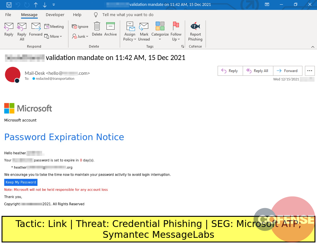 Real Phishing Example: Notification-themed emails found in environments protected by Microsoft ATP and Symantec MessageLabs deliver Credential Phishing via an embedded link.