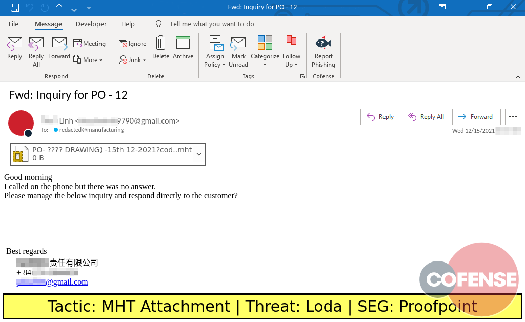 Real Phishing Example: Finance-themed emails found in environments protected by Proofpoint delivers Loda via an attached MHT downloader.