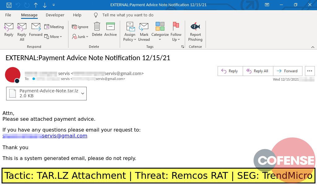 Real Phishing Example: Finance-themed emails found in environments protected by TrendMicro deliver Remcos RAT via a VBS downloader in an attached TAR.LZ archive.
