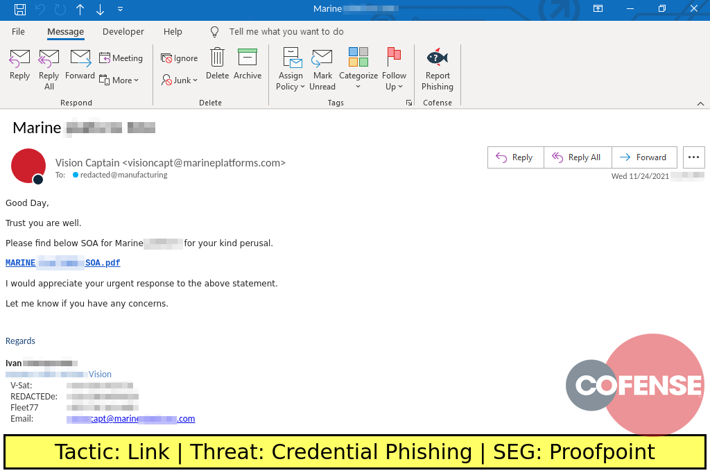 Real Phishing Example: Finance-themed emails found in environments protected by Proofpoint deliver credential phishing via an embedded URL.