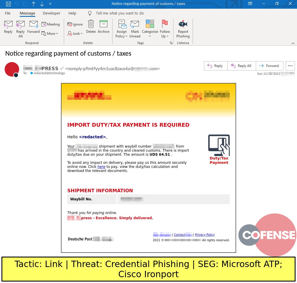 Real Phishing Example: DHL-spoofing emails found in environments protected by Microsoft ATP and Cisco Ironport deliver a link to an item purchase on a legitimate payment processing site and request that victims complete the transaction.
