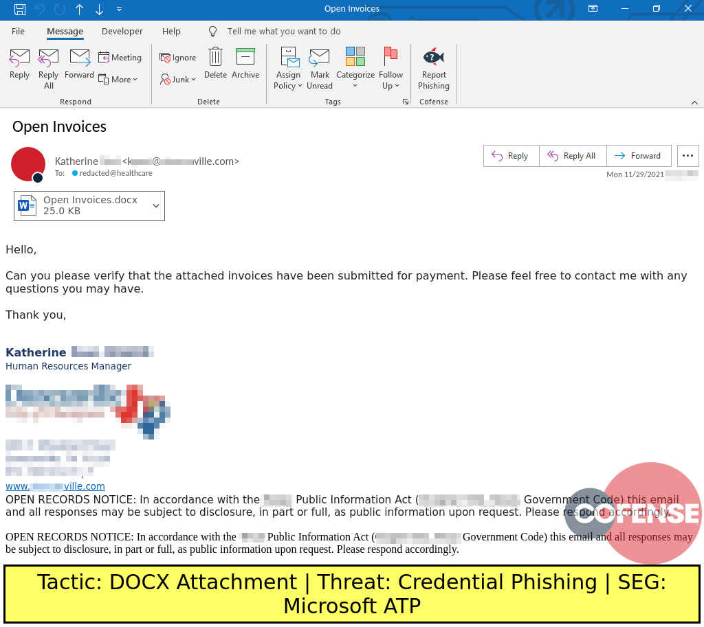 Real Phishing Example: Finance-themed emails found in environments protected by Microsoft ATP deliver Office documents with embedded links to credential phishing pages.