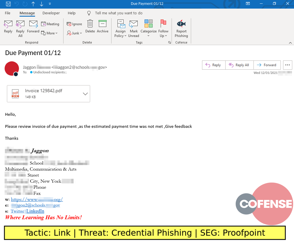 Real Phishing Example: Finance-themed emails found in environments protected by Proofpoint deliver credential phishing.