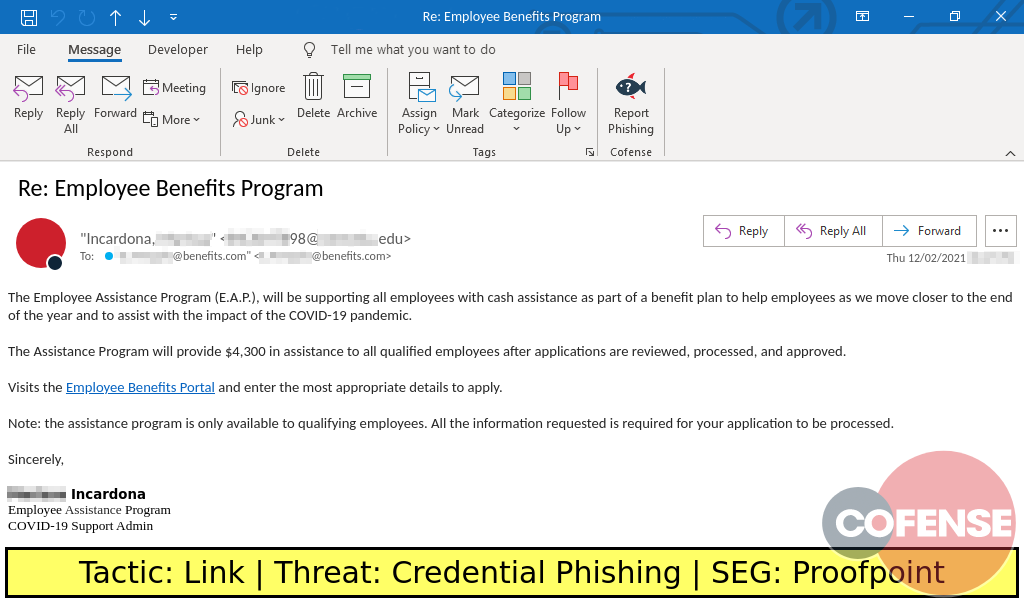 Real Phishing Example: Employee Assistance Program-spoofed COVID-19-themed emails