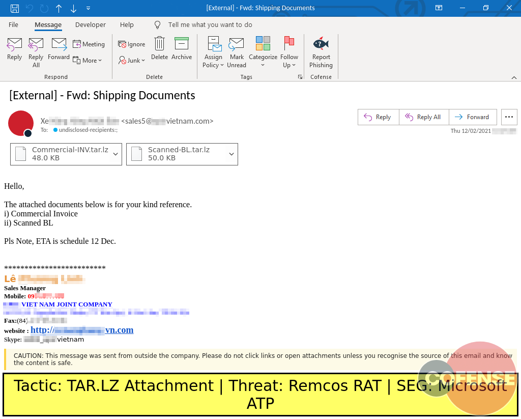 Real Phishing Example: Shipping-themed emails found in environments protected by Microsoft ATP deliver Remcos RAT via an attached GuLoader.