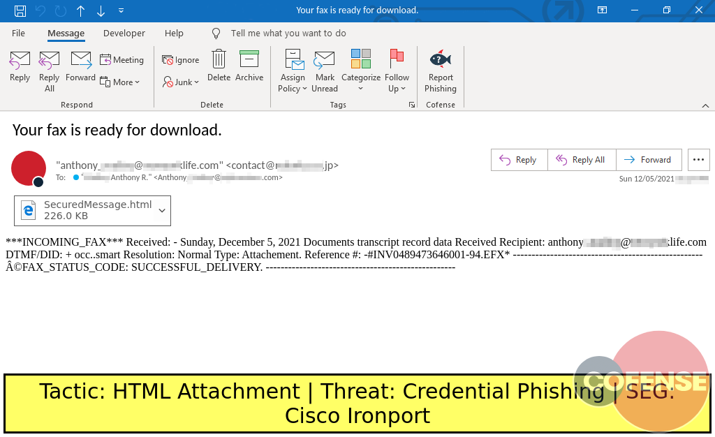 Real Phishing Example: Notification-themed emails found in environments protected by Cisco Ironport and deliver credential phishing inside an attached HTML file.