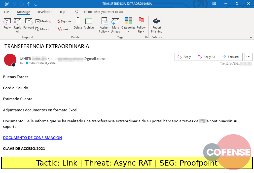 Real Phishing Example: Finance-themed emails found in environments protected by Proofpoint deliver Async RAT via a DotNETLoader downloaded from an embedded link.