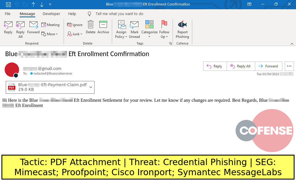 Real Phishing Example: Emails spoofing Blue Cross Blue Shield and found in environments protected by Mimecast, Proofpoint, Cisco Ironport, and Symantec MessageLabs deliver Credential Phishing via a PDF attachment.