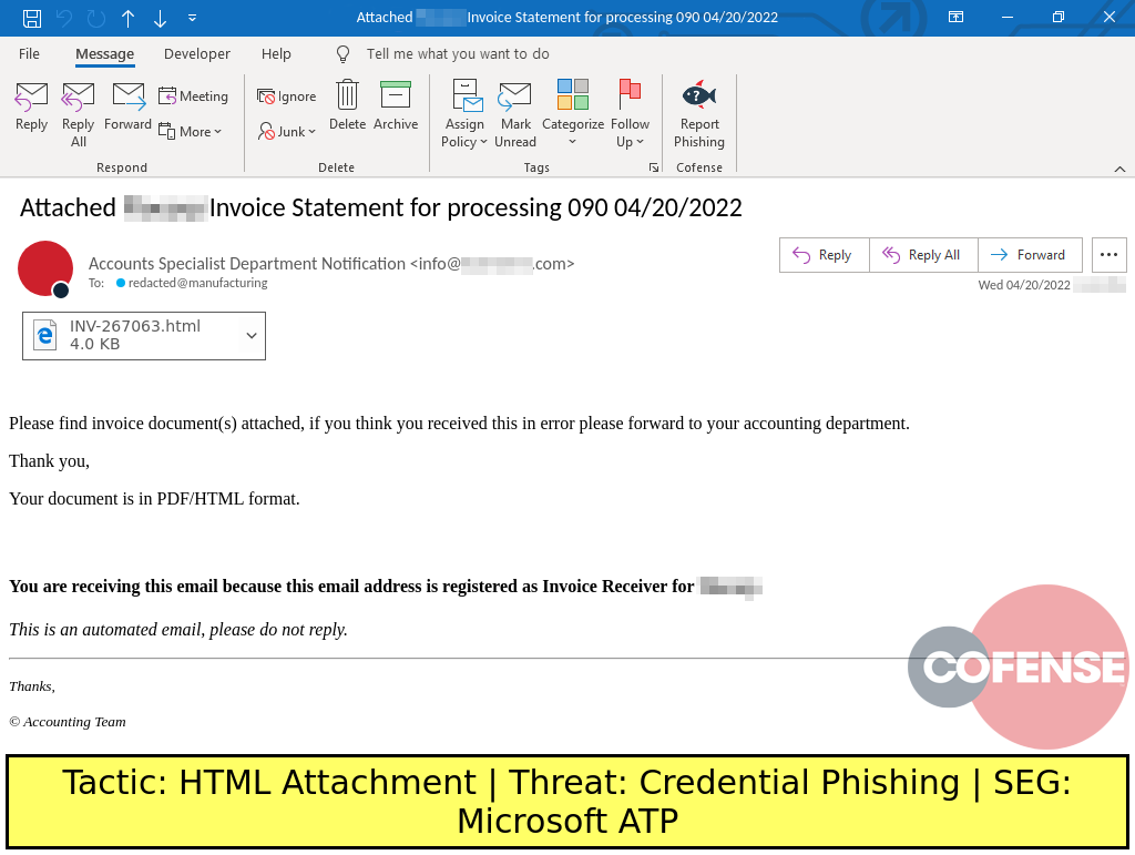Real Phishing Example: Finance-themed emails found in environments protected by Microsoft ATP deliver Credential Phishing via an HTML attachment.
