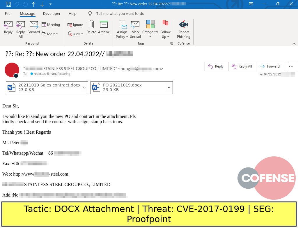 Real Phishing Example: Finance-themed emails found in environments protected by Proofpoint deliver a document with CVE-2017-0199.