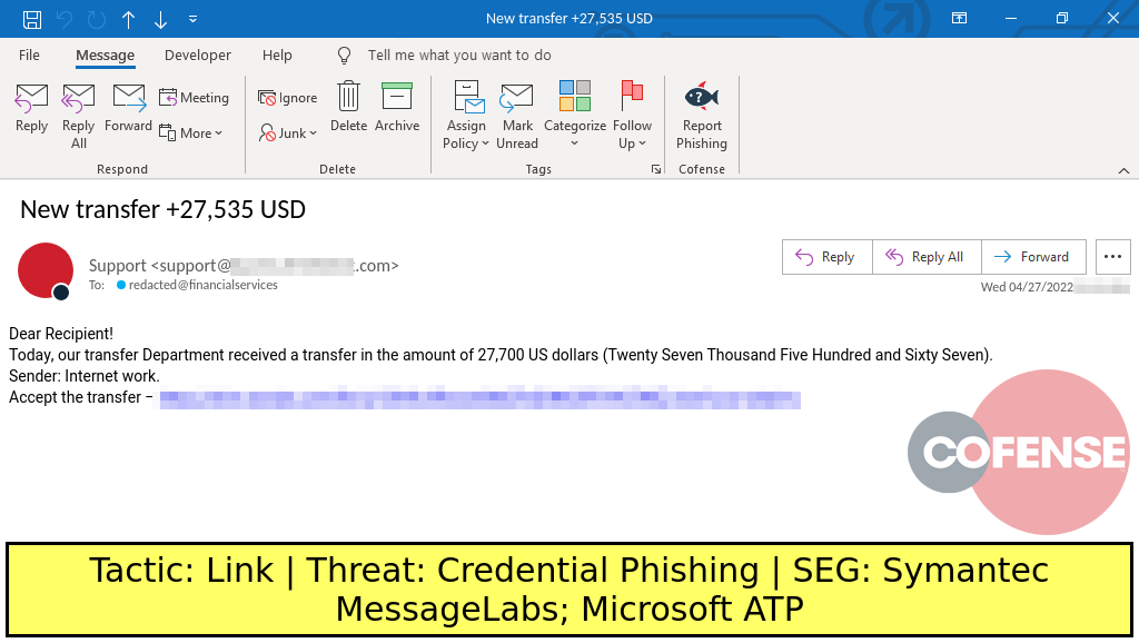 Real Phishing Example: Finance-themed emails found in environments protected by Microsoft ATP and Symantec MessageLabs deliver a PDF via an embedded URL. The PDF contains an embedded link to a credential phishing page.