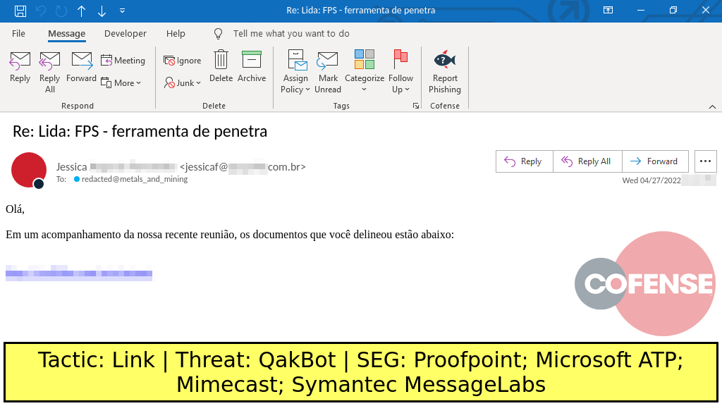 Real Phishing Example: Response-themed emails found in environments protected by Proofpoint, Microsoft ATP, Mimecast, and Symantec MessageLabs deliver QakBot via Office macro laden spreadsheets. The spreadsheets are downloaded via embedded URLs.