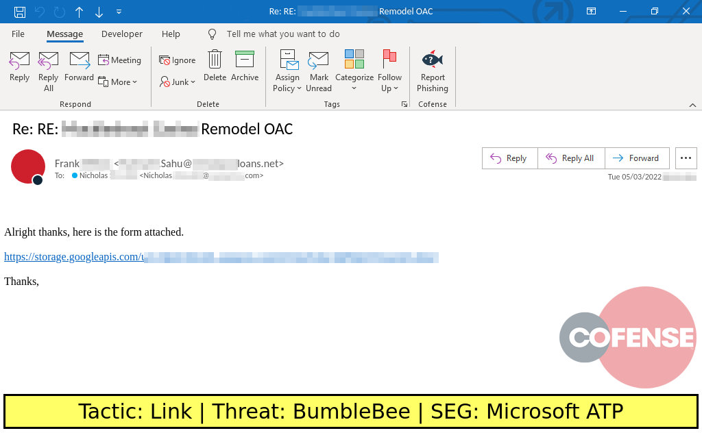 Real Phishing Example: Response-themed emails found in environments protected by Microsoft ATP deliver BumbleBee via an embedded URL.
