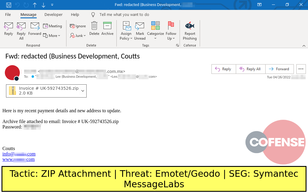 Real Phishing Example: Invoice-themed emails found in environments protected by Symantec MessageLabs deliver an LNK downloader via an attached password protected ZIP archive. The LNK downloader downloads and runs Emotet/Geodo.